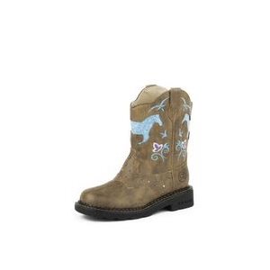 Girls Tan Horse/Flower Lights Roper Boots