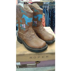 Girls Tan Horse/Flower Lights Roper Boots