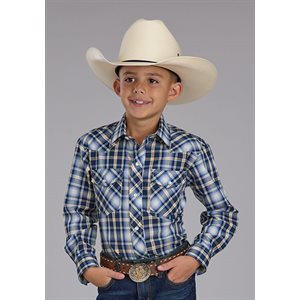 Boys L/S Navy/Gold Plaid Roper Shirt