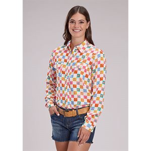 Ladies L/S White Checker Roper Shirt