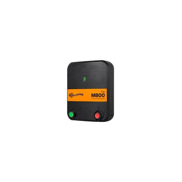 Black electric fencer with orange label on a white background