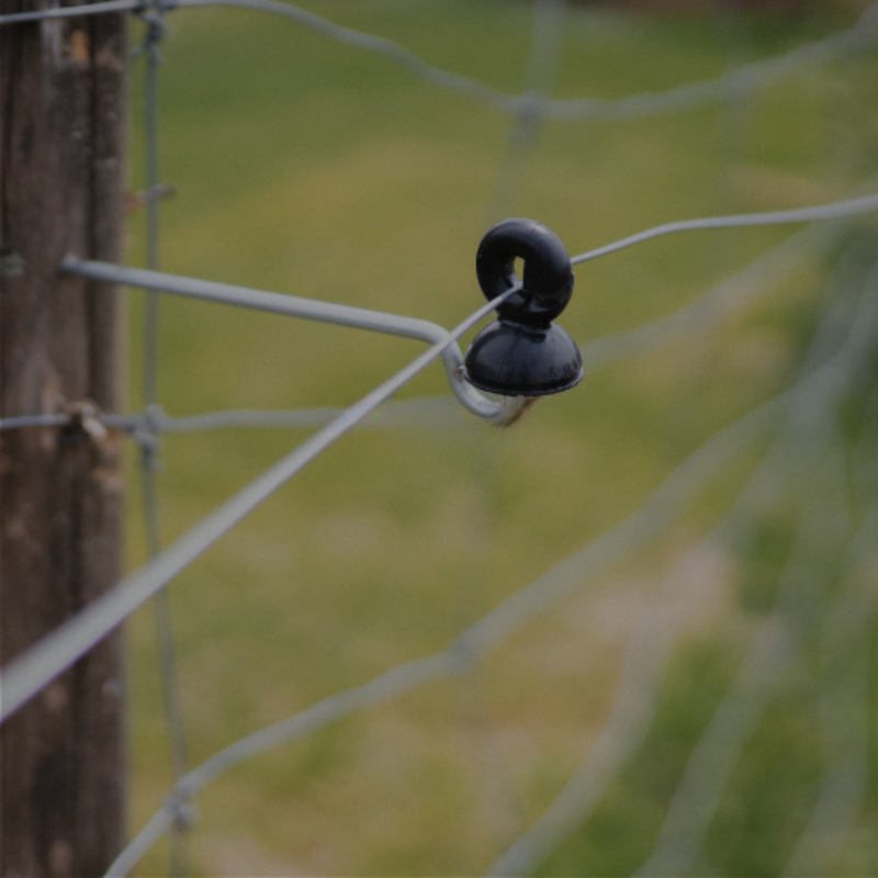 Black insulator on a wire fence with a blurred green background