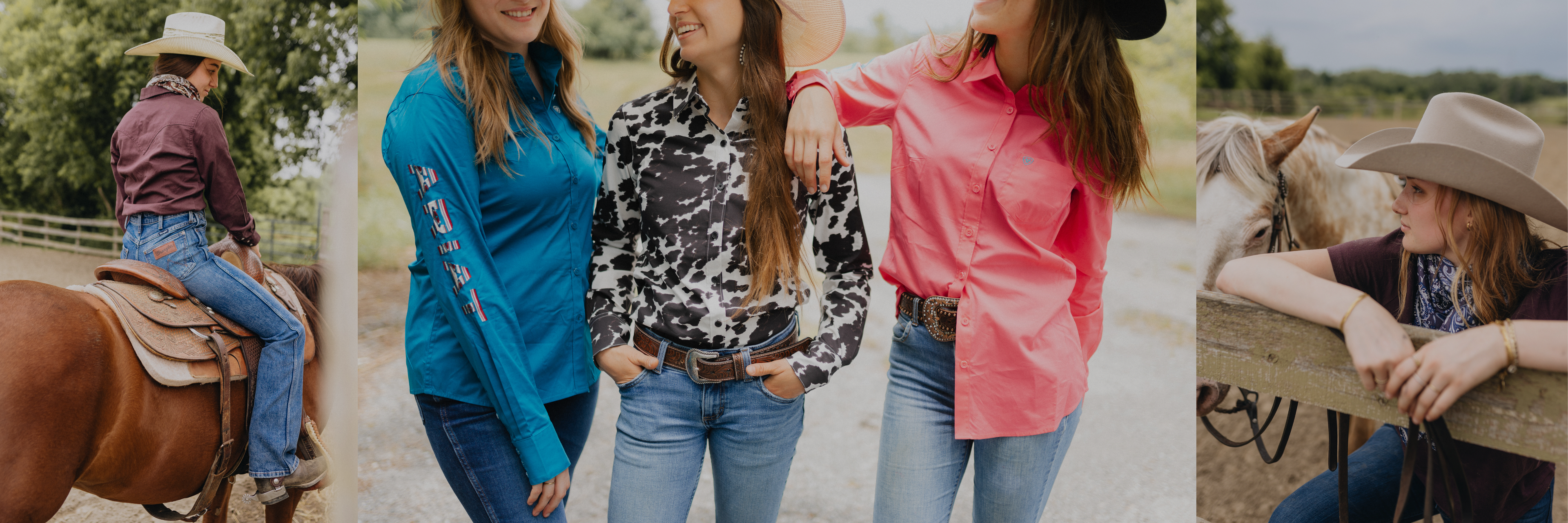 Collage of women in various outdoor settings, including a horseback rider and those interacting with horses.