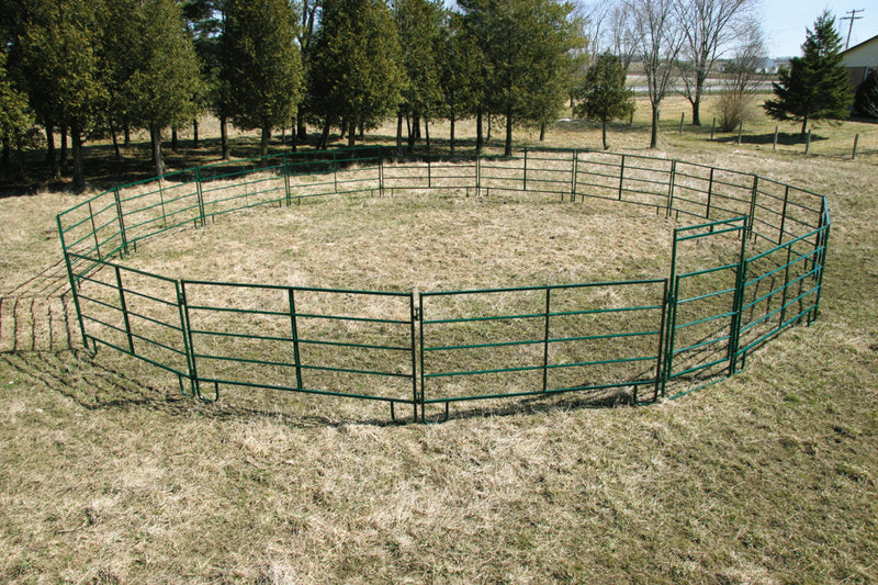 Green metal fence round pen on grass