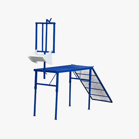Blue metal chair with a white seat on a white background