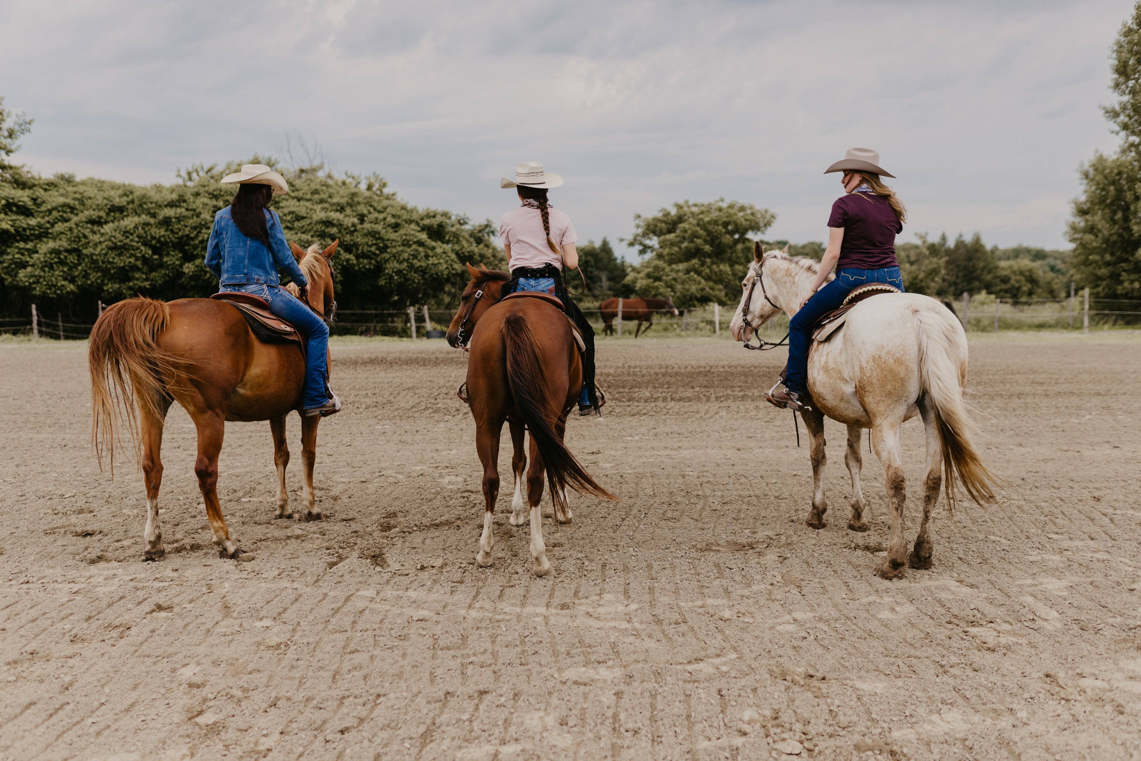 Three people riding horses in an outdoor setting with trees in the background