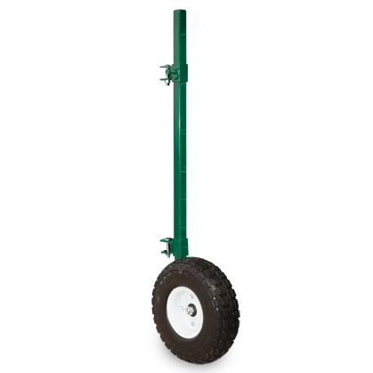 Green metal post with a wheel on a transparent background